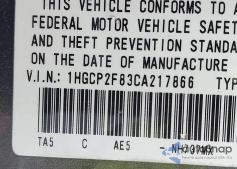 2012 Honda Accord 2.4 Ex-L из США, поврежденный, VIN 1HGCP2F83CA217866